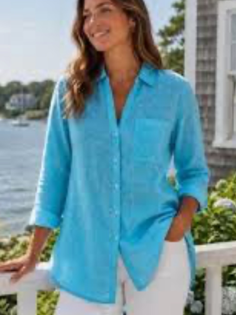 Sigrid Olsen Linen Top in Bright Aqua